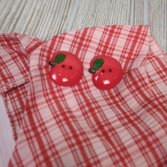 Little Girls Approx Medium Red White Check Sleeveless Dress Apple Embellishments - Picture 9 of 10